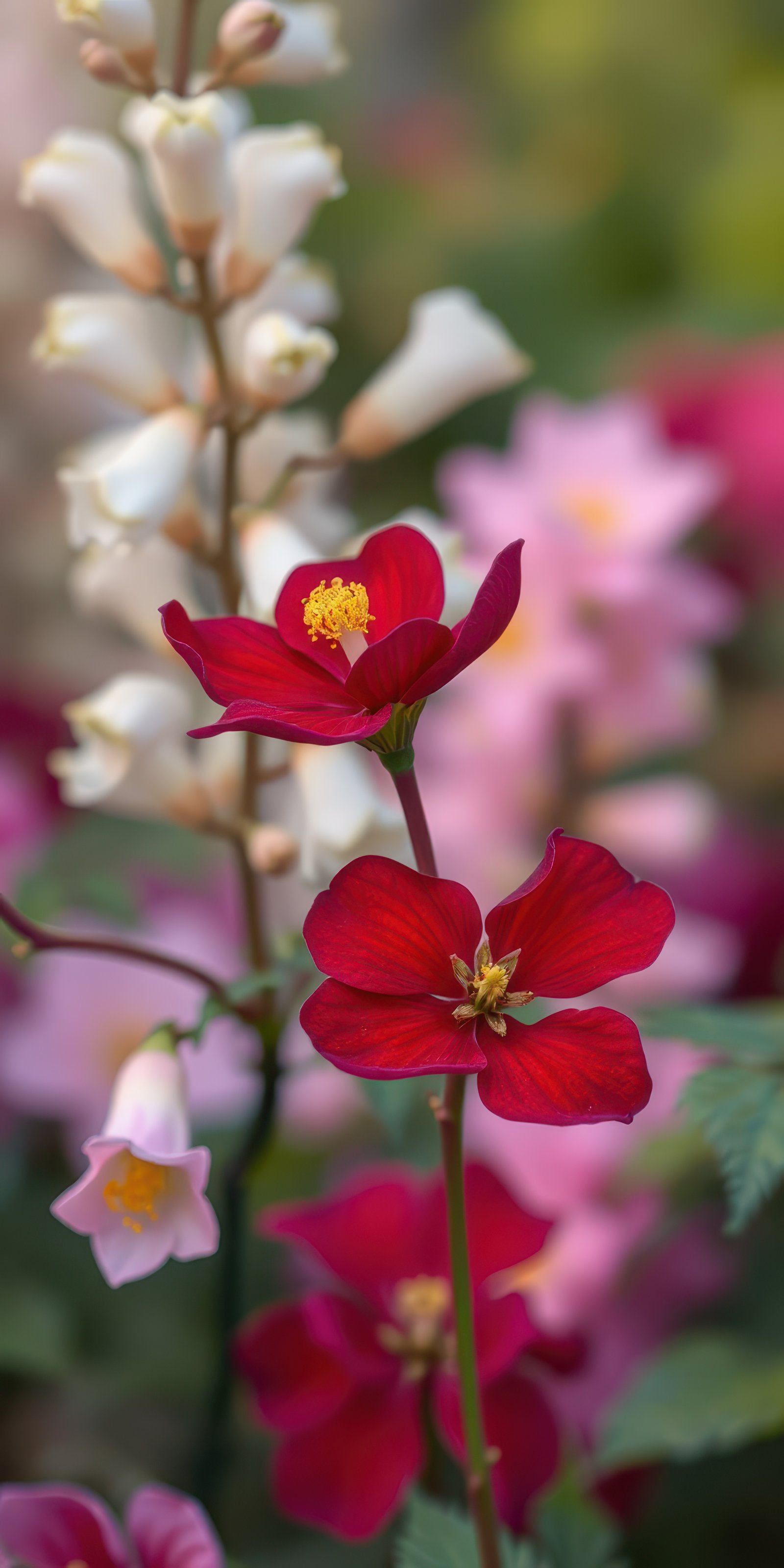 Vibrant red flowers bloom among a backdrop of soft pink blooms in a lush garden setting